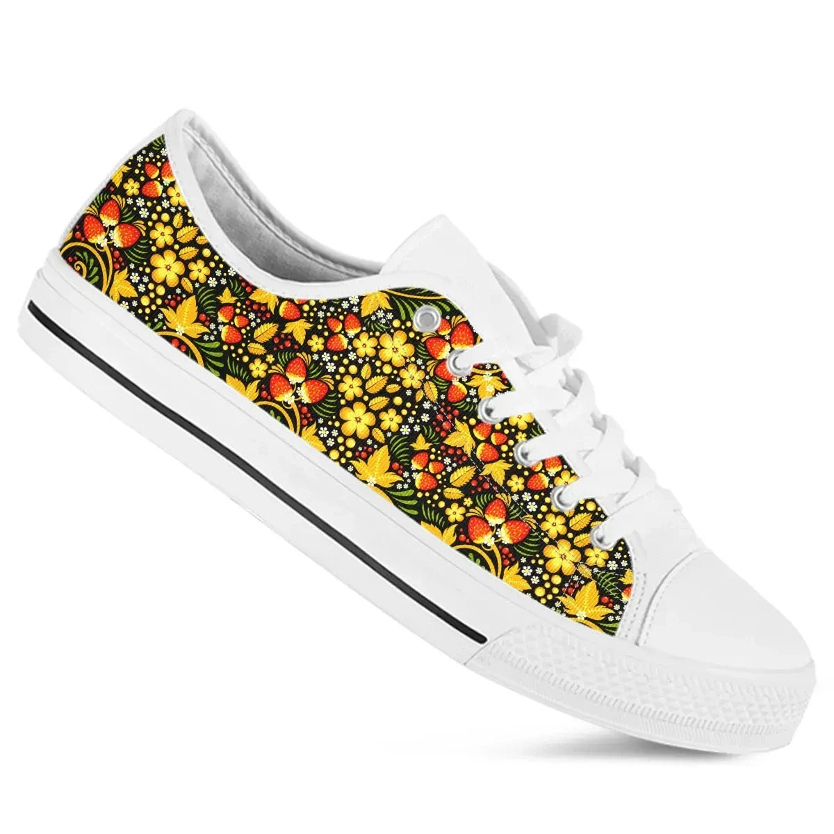 Custom Russian Khokhloma Royalty Low Top Shoes Khokhloma Strawberries Pattern