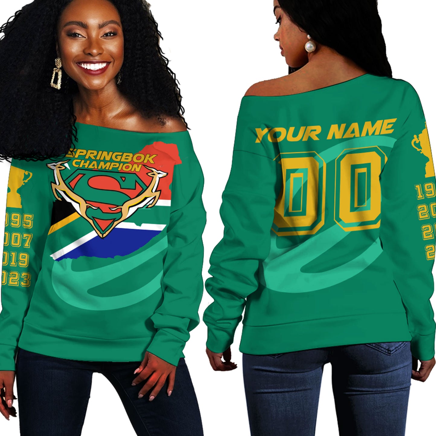 Springboks Clothing 2023 South Africa Rugby Champion Off Shoulder Sweaters