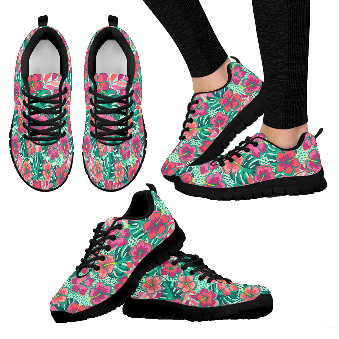 Sneaker Colorful Hibiscus Flower With Tropical Leaf Seamless