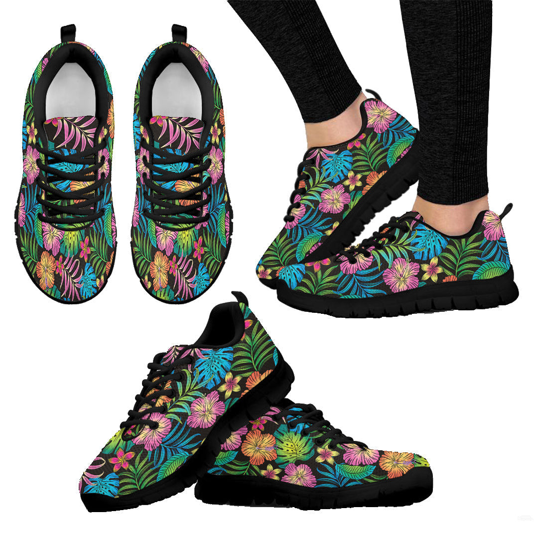 Sneaker Seamless Pattern Colorful Hibiscus And Leaves