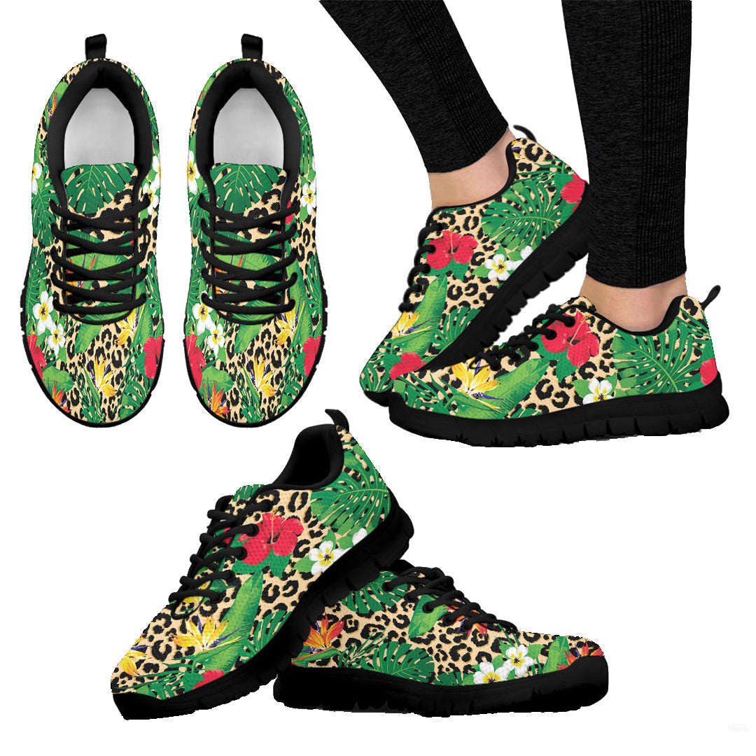Sneaker Tropical Flowers And Leaves On Leopard