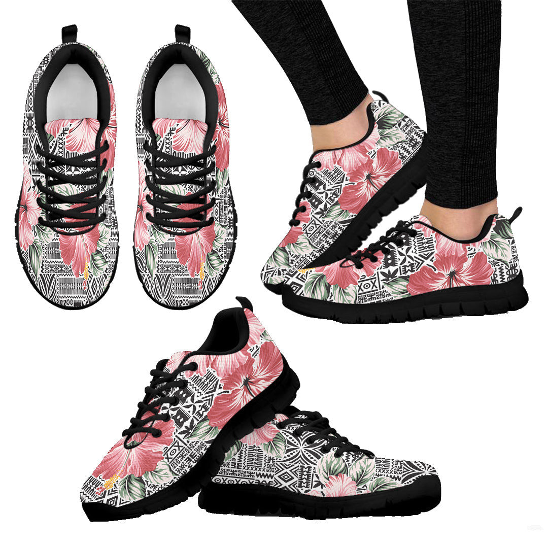 Sneaker Pink Hibiscus Flower With Hawaiian Tribal