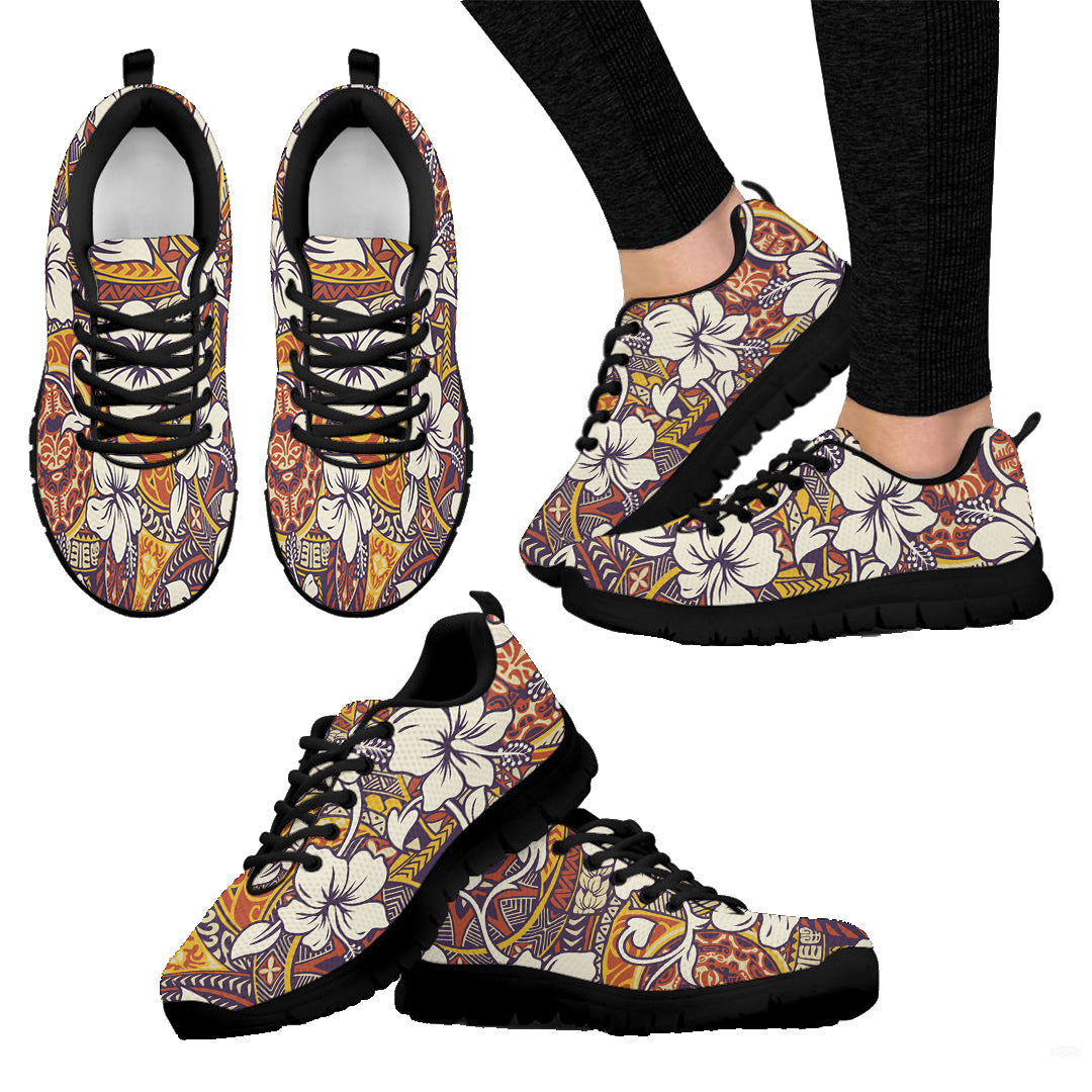Sneaker Tropical Hibiscus Flower With Tapa Tribal Tattoo