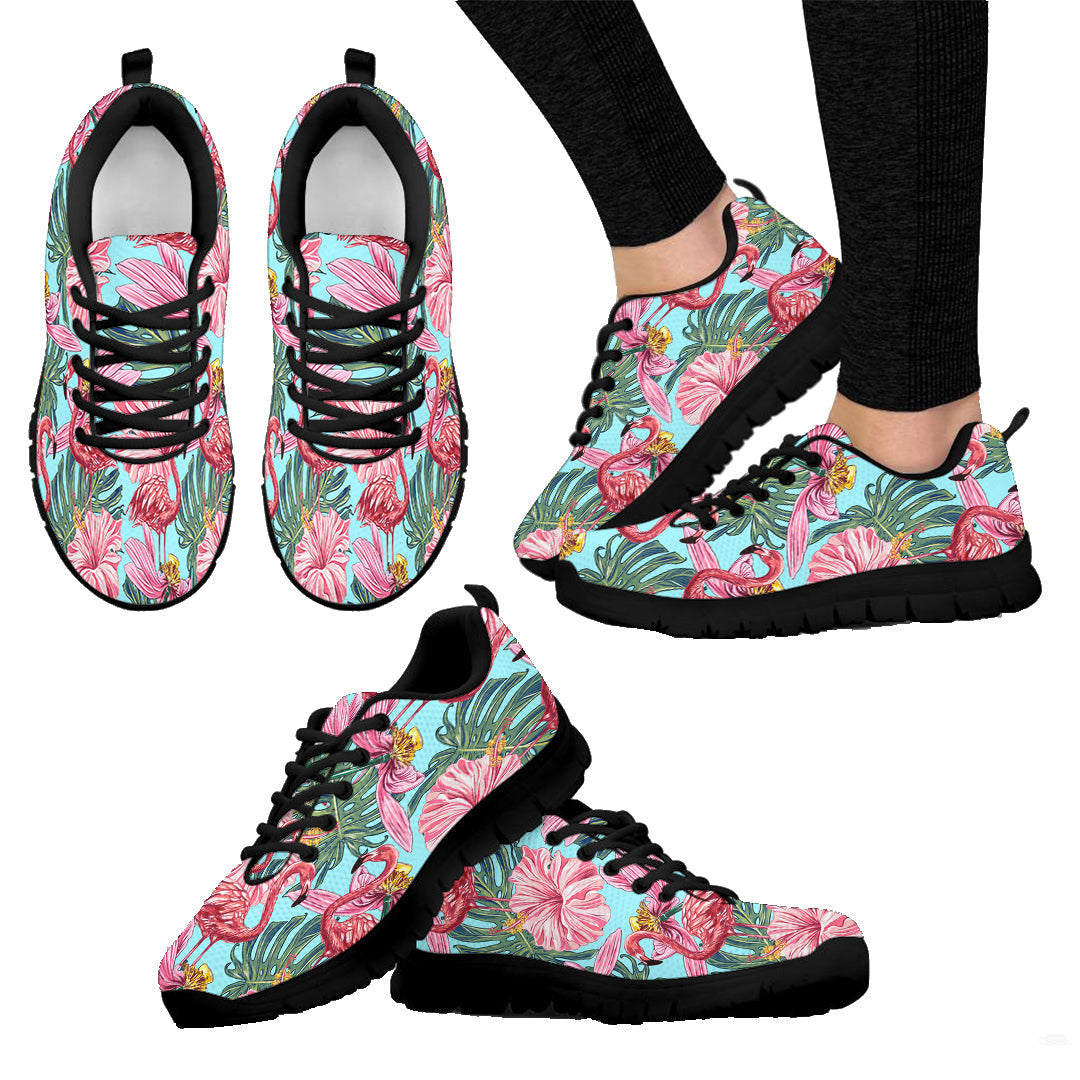 Sneaker Pink Flamingos with Tropical Flowers