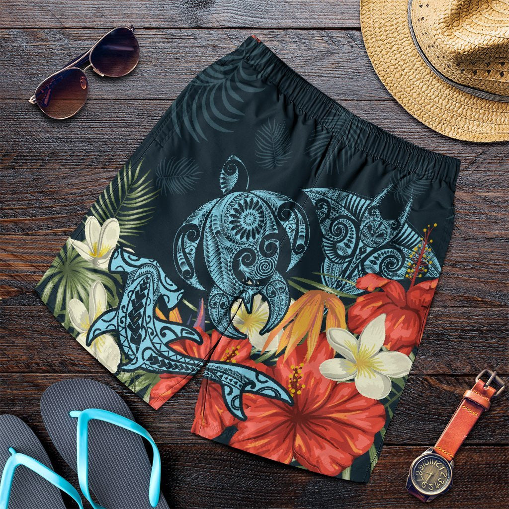Hawaii Turtle Shark Manta Ray Hibiscus Plumeria Men's Shorts