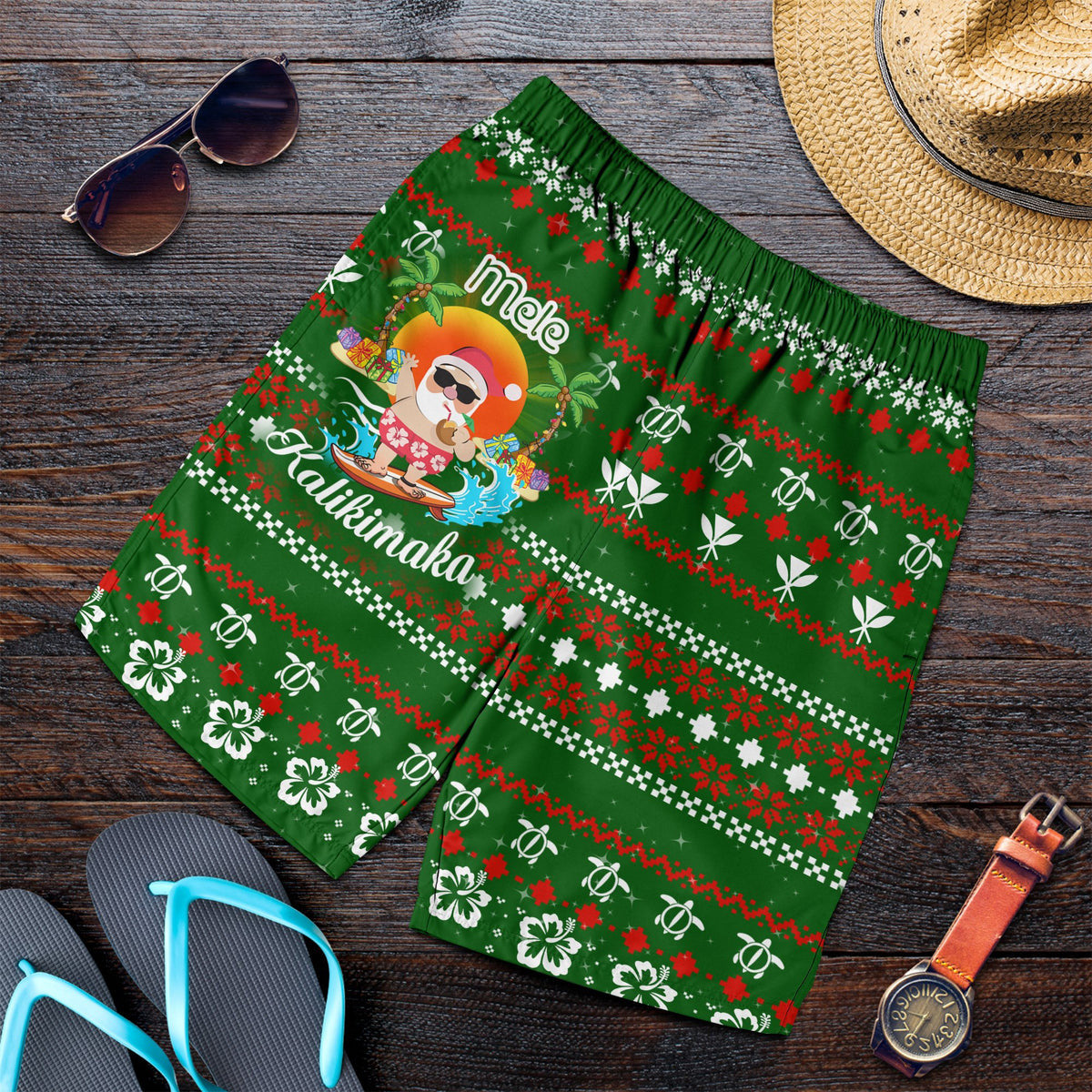 Hawaiian Santa Claus Mele Kalikimaka Men's Shorts Aviv Style Green