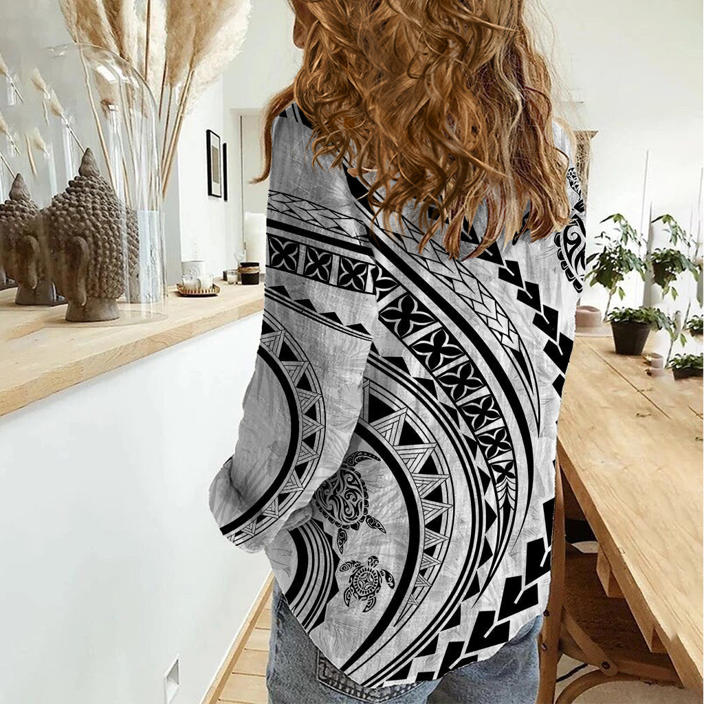 Polynesian Hawaiian Women Casual Shirt Turtle Hibiscus Luxury Style White