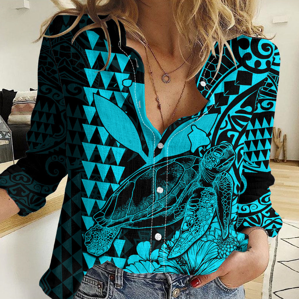 Kakau Polynesian Tribal Hawaiian Turtle with Kanaka Maoli Teal Women Casual Shirt