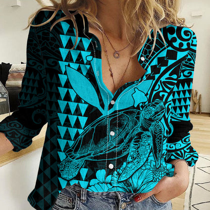 Kakau Polynesian Tribal Hawaiian Turtle with Kanaka Maoli Teal Women Casual Shirt
