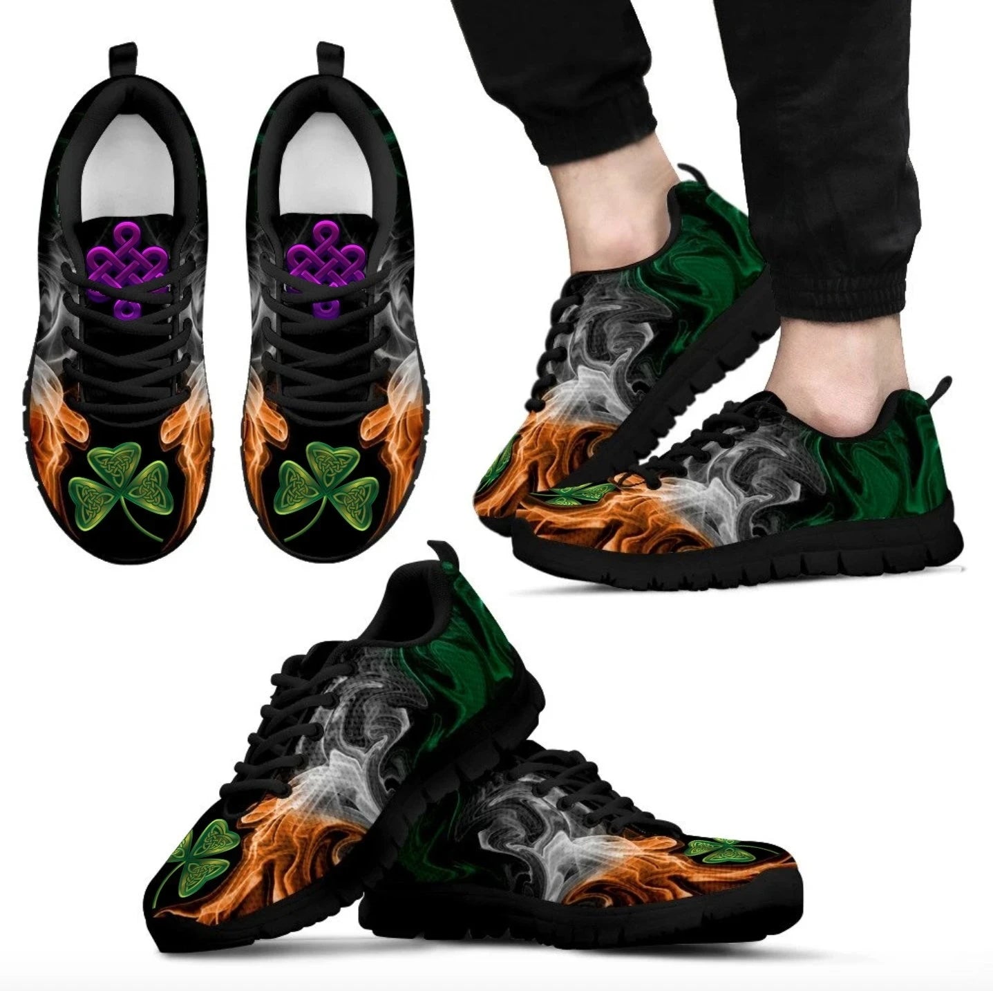 Celtic Ireland Sneakers Ireland Flag Smoke With Shamrock and Celtic Knot