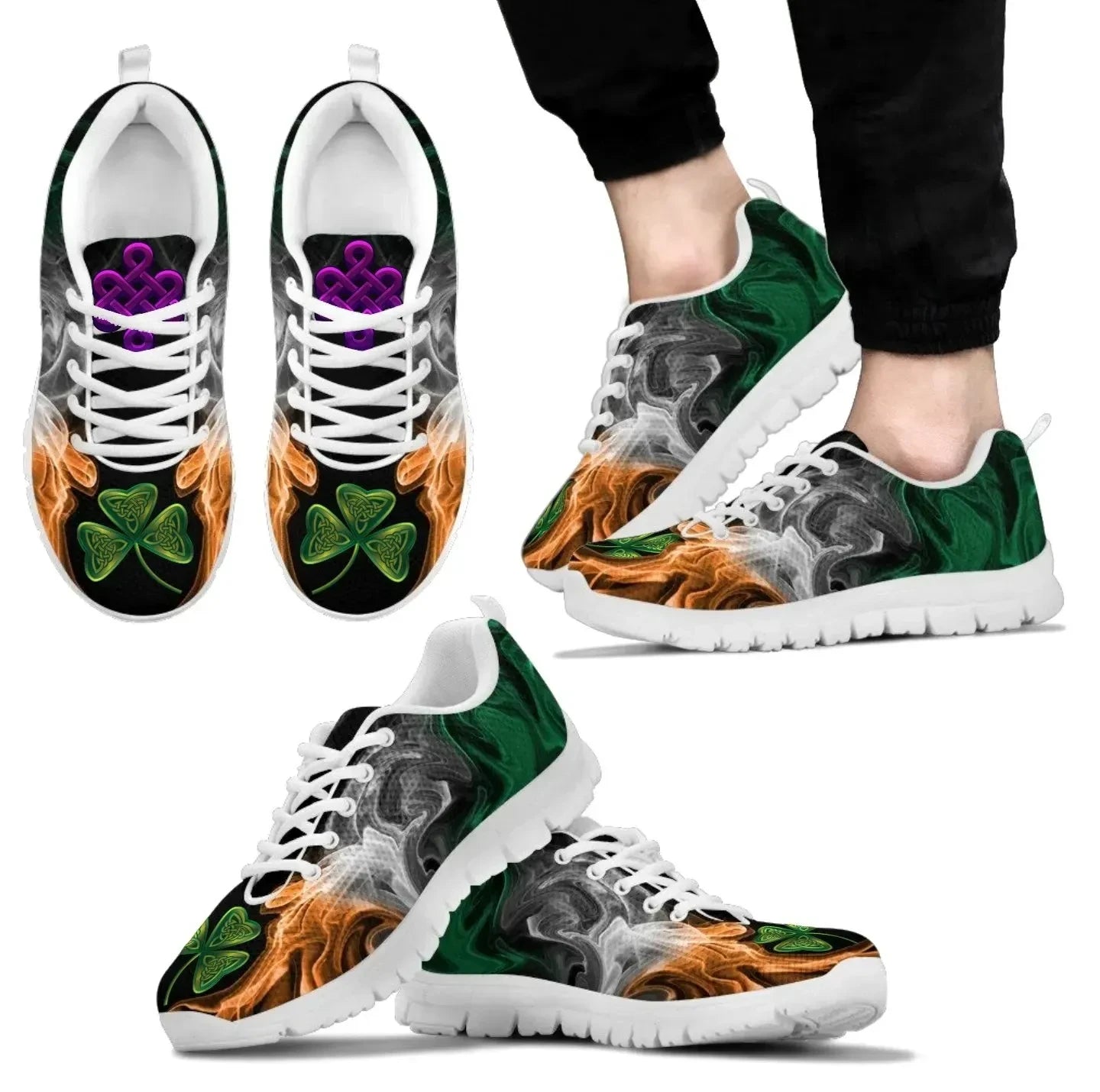 Celtic Ireland Sneakers Ireland Flag Smoke With Shamrock and Celtic Knot