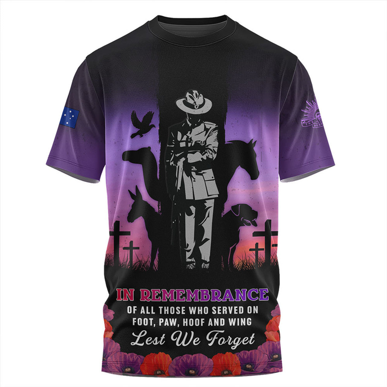 Australia T Shirt Anzac Day Lest We Forget War Animals Purple Poppy