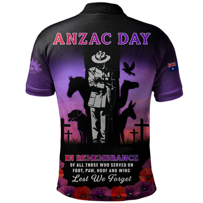 Australia Polo Shirt Anzac Day Lest We Forget War Animals Purple Poppy