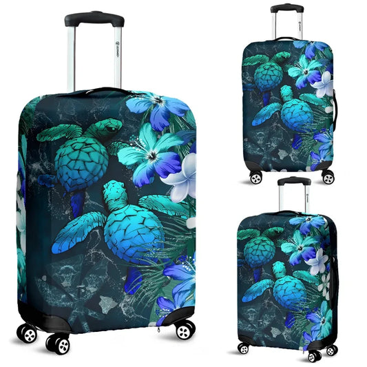 Kanaka Maoli Hawaiian Luggage Covers Sea Turtle Tropical Hibiscus And Plumeria Blue