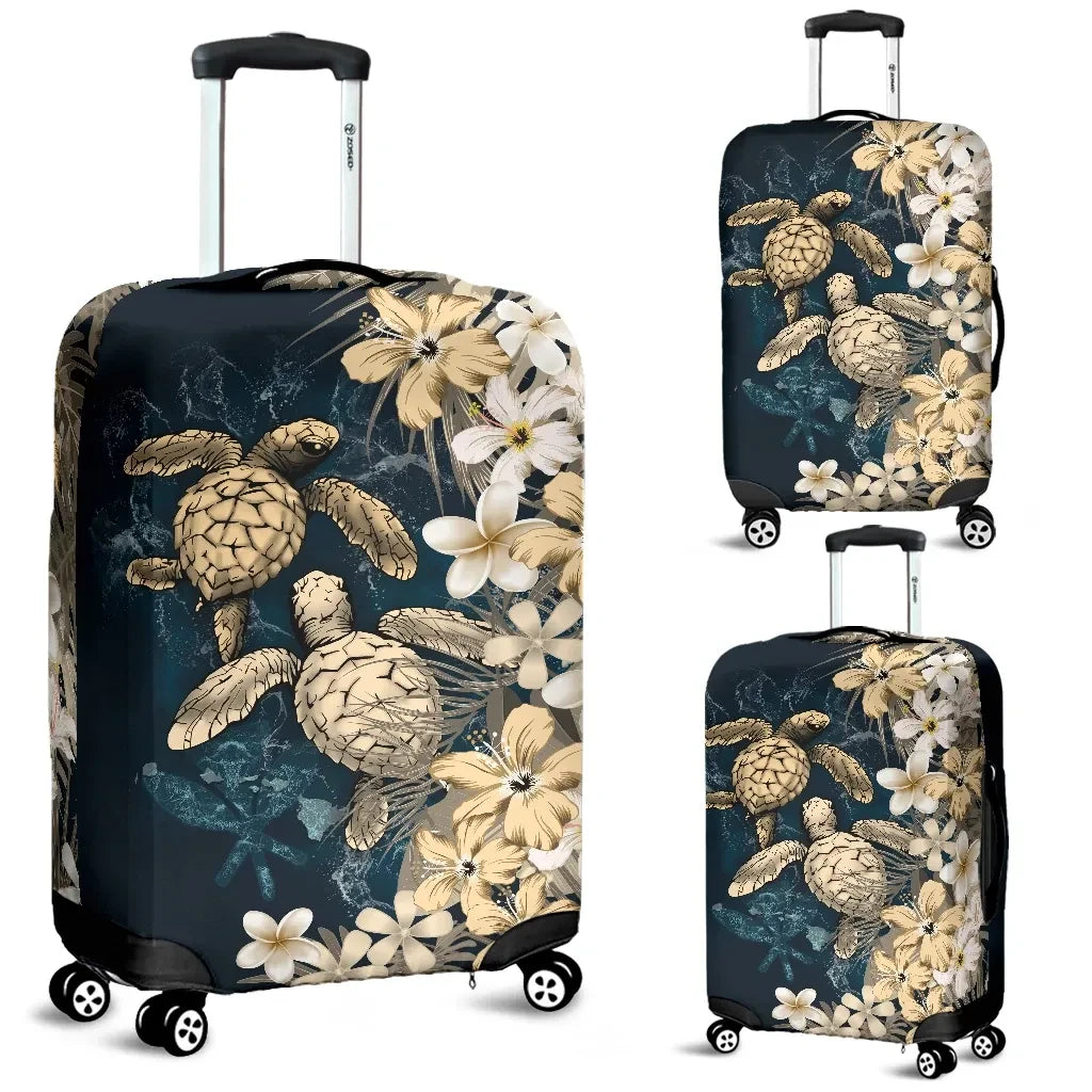 Kanaka Maoli Hawaiian Luggage Covers Sea Turtle Tropical Hibiscus And Plumeria Gold