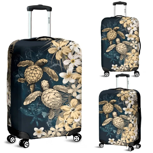 Kanaka Maoli Hawaiian Luggage Covers Sea Turtle Tropical Hibiscus And Plumeria Gold