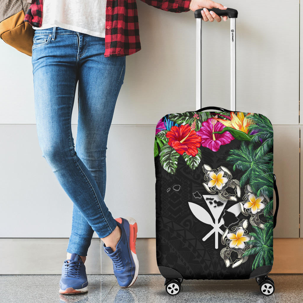 Kanaka Maoli Hawaiian Luggage Covers Hibiscus Turtle Tattoo Black