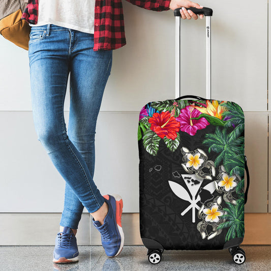 Kanaka Maoli Hawaiian Luggage Covers Hibiscus Turtle Tattoo Black