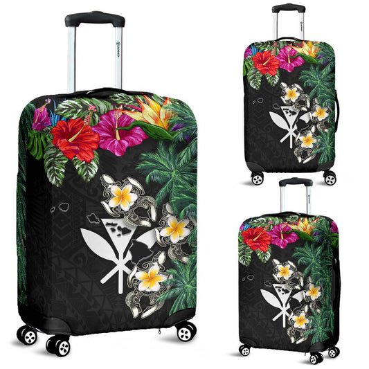 Kanaka Maoli Hawaiian Luggage Covers Hibiscus Turtle Tattoo Black