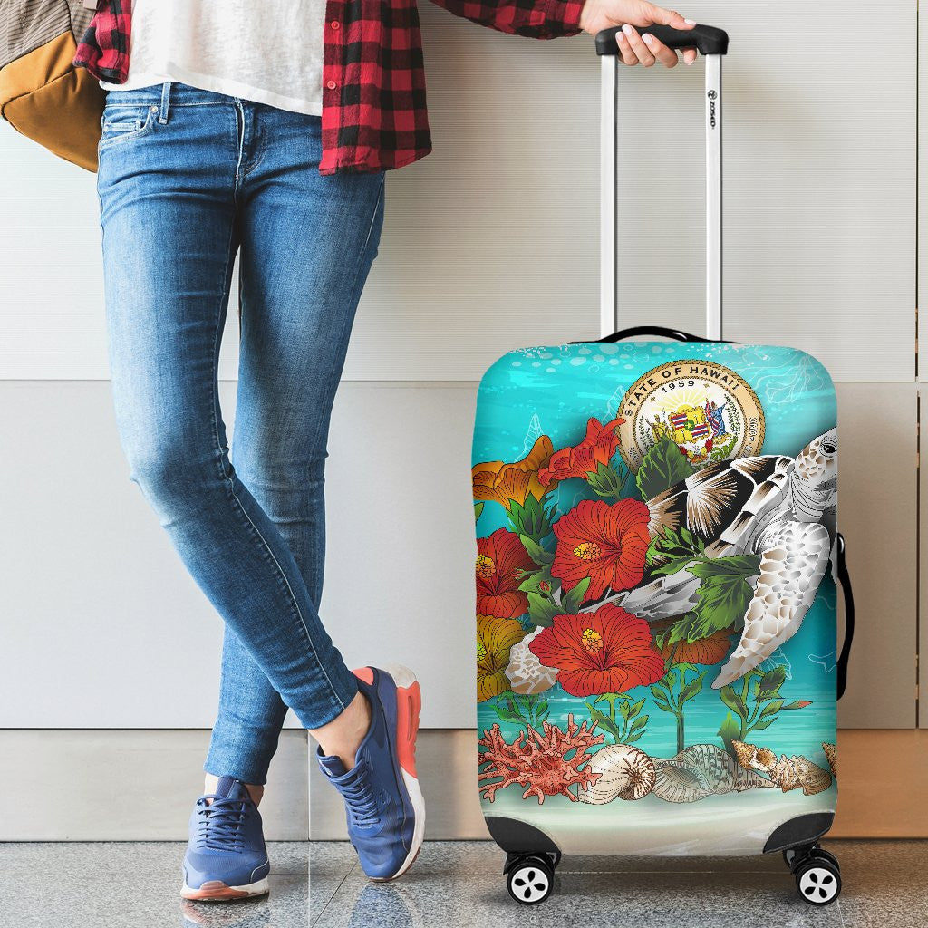 Hawaii Turtle Luggage Cover, Coat Of Arms Hibiscus Suitcase Covers