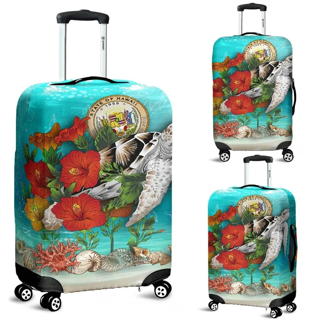 Hawaii Turtle Luggage Cover, Coat Of Arms Hibiscus Suitcase Covers