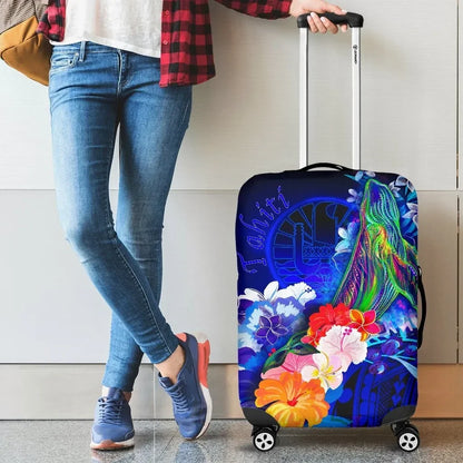 Tahiti Luggage Covers Humpback Whale with Tropical Flowers Blue