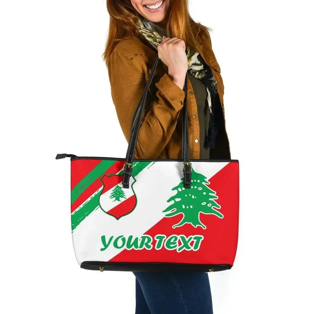 Lebanon Personalised Large Leather Tote Bag Lebanon Flag Polygon Style 4
