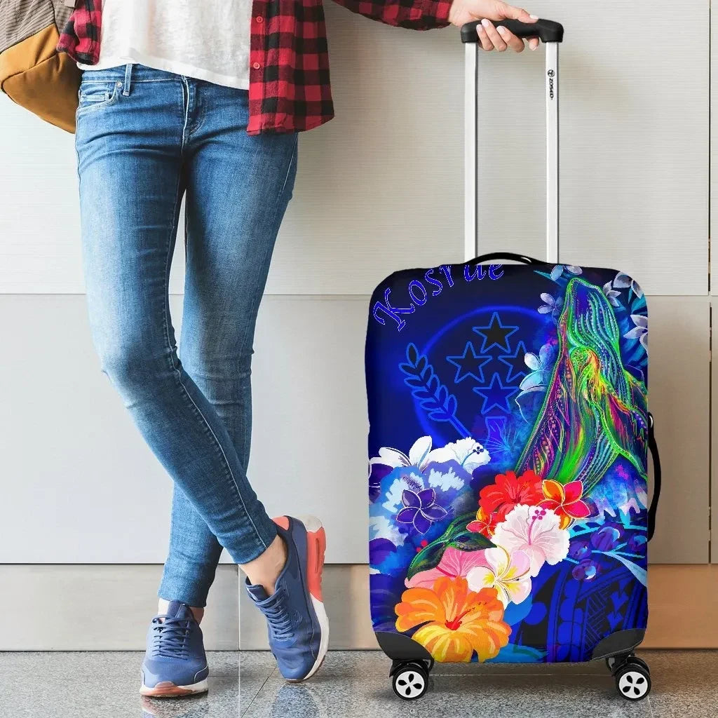 Kosrae Luggage Covers Humpback Whale with Tropical Flowers Blue