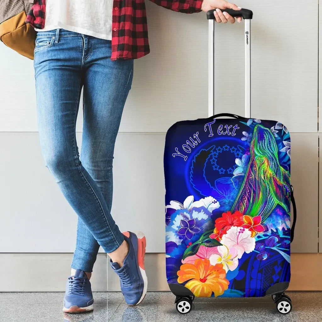 Pohnpei Custom Personalised Luggage Covers Humpback Whale with Tropical Flowers Blue