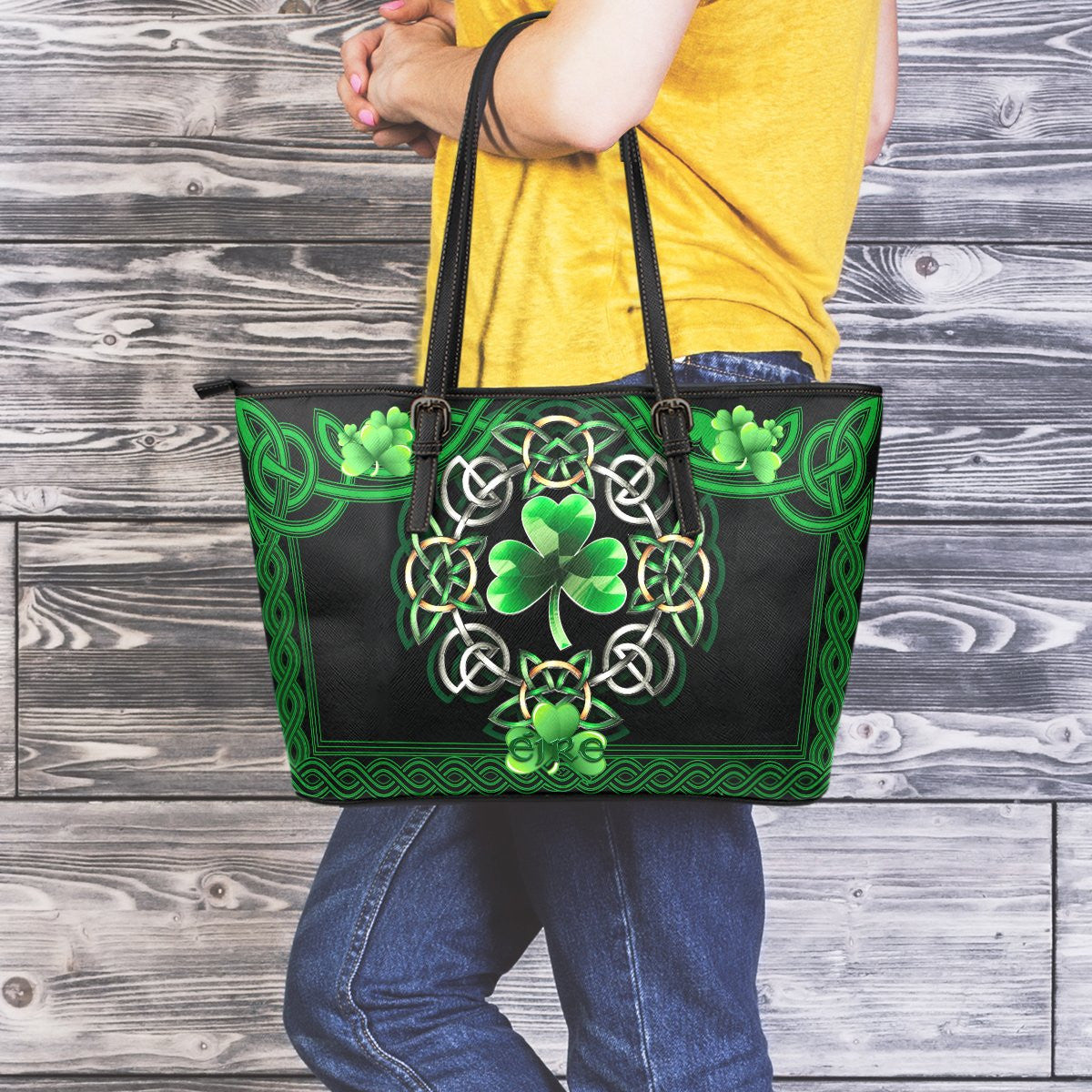 Celtic Leather Tote Bag Irish Shamrock With Celtic Knot