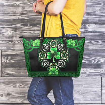 Celtic Leather Tote Bag Irish Shamrock With Celtic Knot