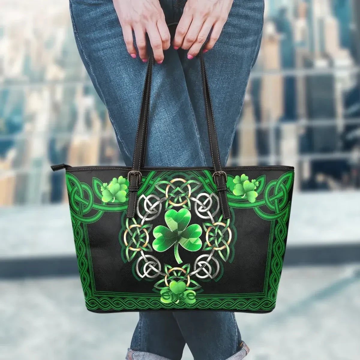 Celtic Leather Tote Bag Irish Shamrock With Celtic Knot