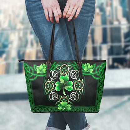 Celtic Leather Tote Bag Irish Shamrock With Celtic Knot