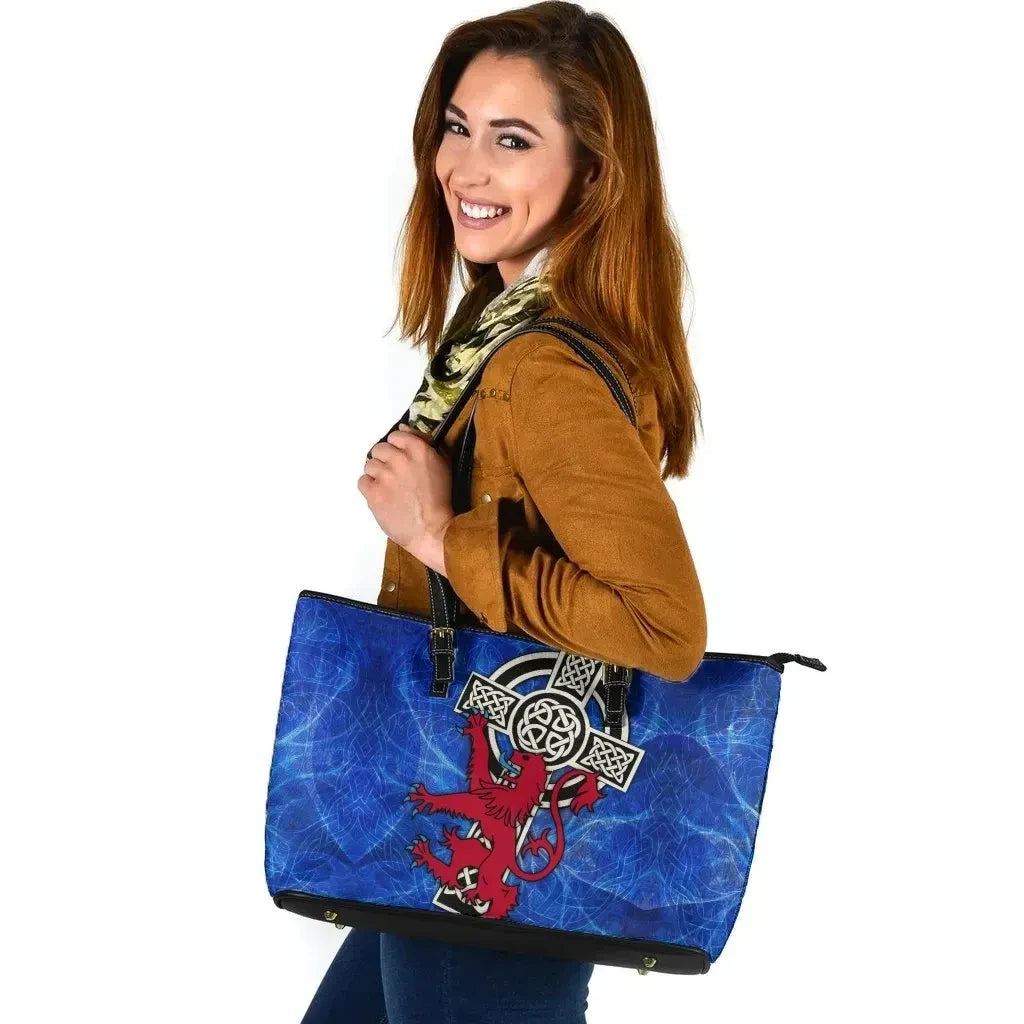 Scotland Celtic Leather Tote Bag Celtic Cross & Rampant Skew Style