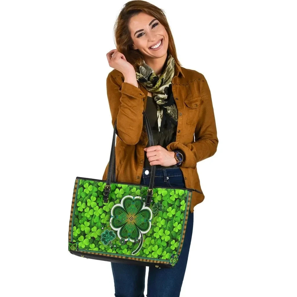 Ireland Celtic Leather Tote Bag Irish Shamrock