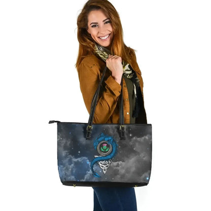 Scotland Celtic Leather Tote Bag Dragon & Thistle With Celtic