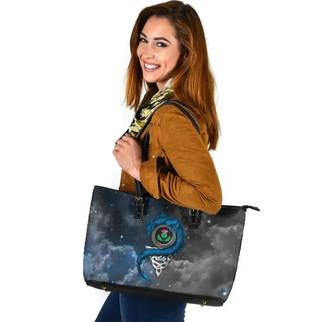 Scotland Celtic Leather Tote Bag Dragon & Thistle With Celtic