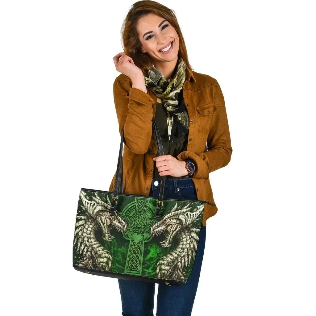 Ireland Celtic Leather Tote Bag Dragon & Claddagh Cross