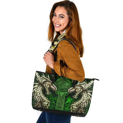 Ireland Celtic Leather Tote Bag Dragon & Claddagh Cross