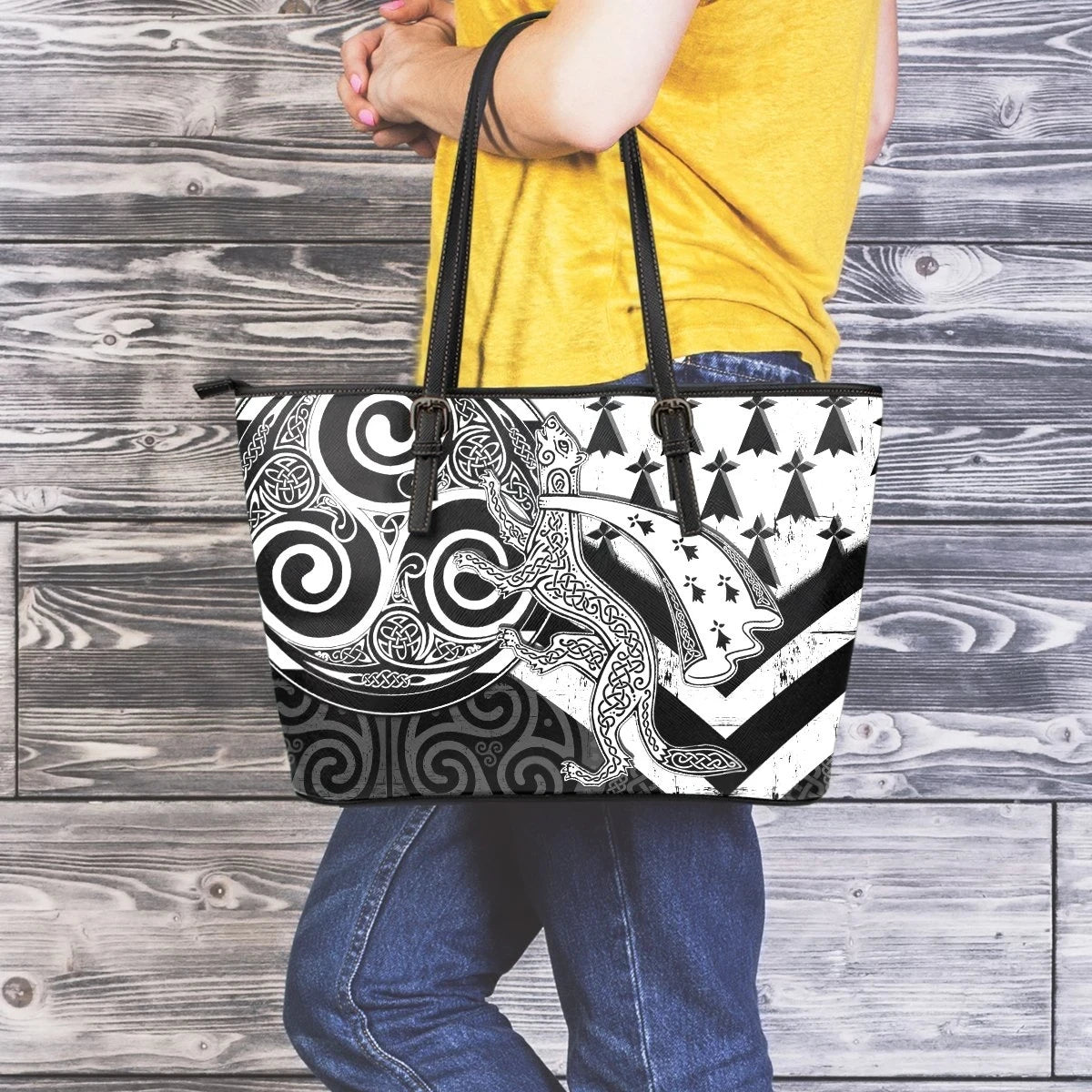 Celtic Bretagne Leather Tote Bag Brittany Ermine With Celtic Triskelion