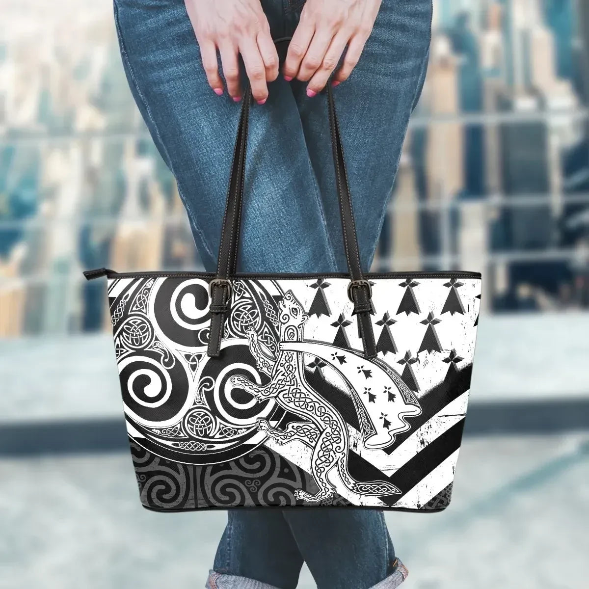 Celtic Bretagne Leather Tote Bag Brittany Ermine With Celtic Triskelion