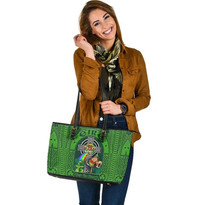 Ireland St. Patrick'S Day Leather Tote Bag Leprechaun With Celtic Claddagh Ring Cross