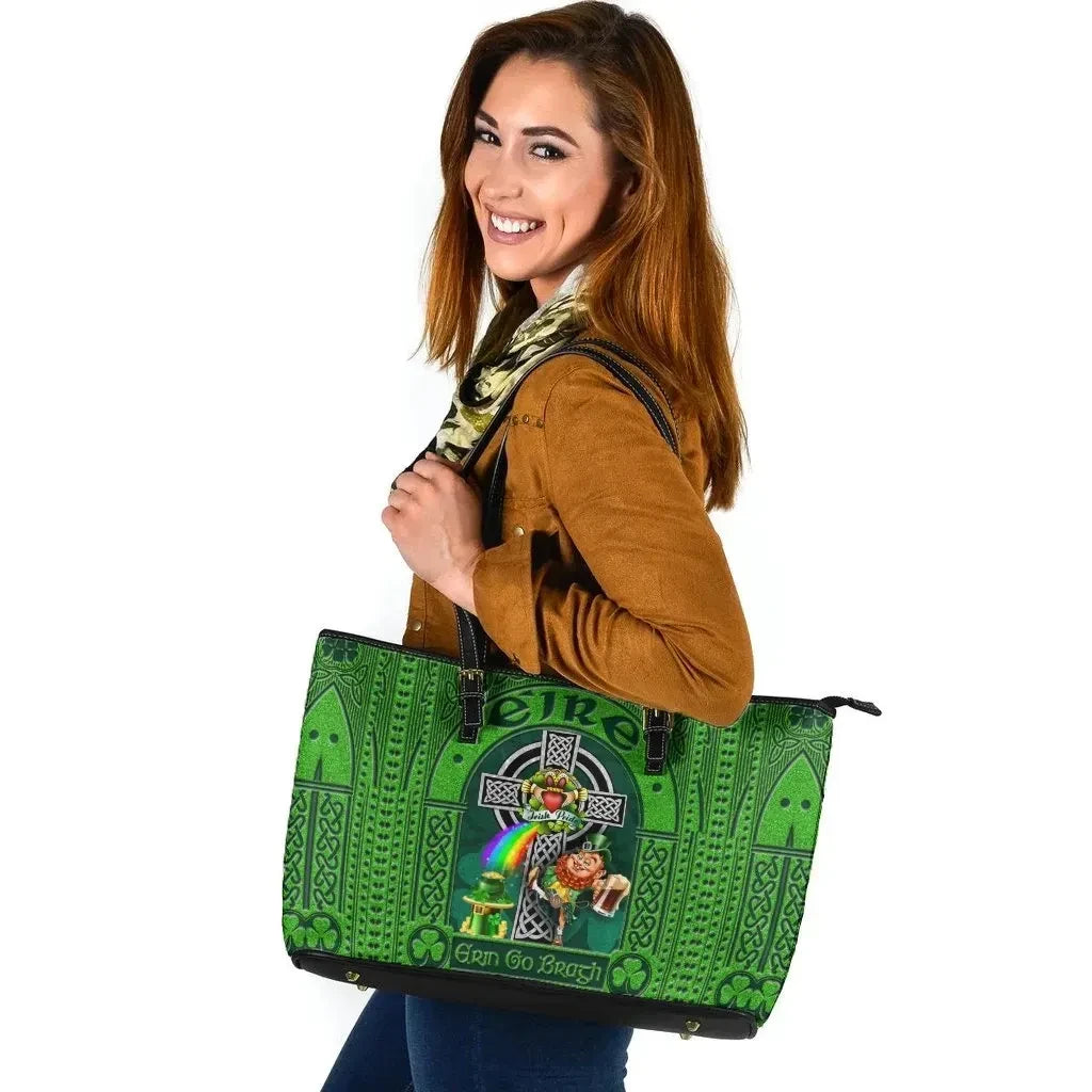 Ireland St. Patrick'S Day Leather Tote Bag Leprechaun With Celtic Claddagh Ring Cross