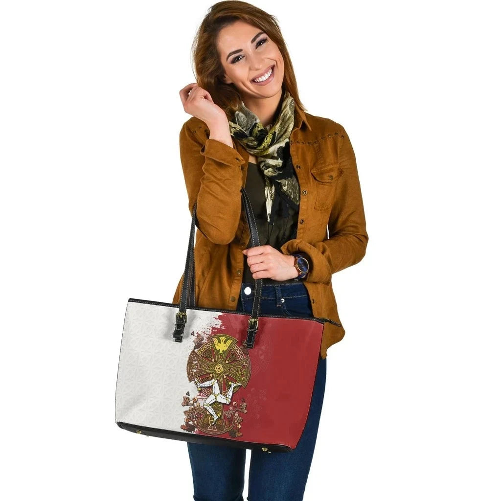 Isle Of Man Celtic Leather Tote Bag Isle Of Man Three Legs Symbol With Celtic Cross