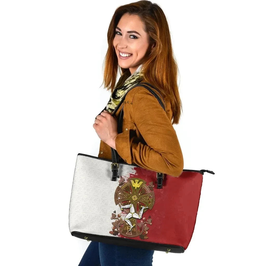 Isle Of Man Celtic Leather Tote Bag Isle Of Man Three Legs Symbol With Celtic Cross