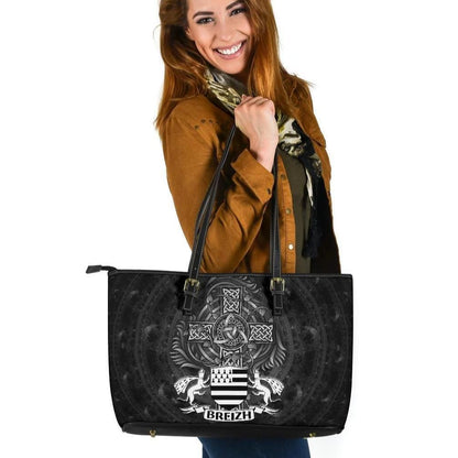 Celtic Leather Tote Bag Brittany Flag With Celtic Cross