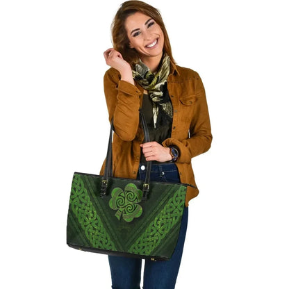 Ireland Celtic Leather Tote Bag Irish Shamrock Cross Style