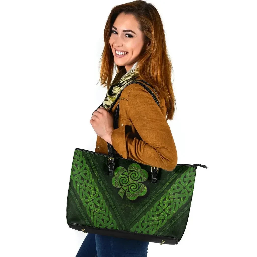 Ireland Celtic Leather Tote Bag Irish Shamrock Cross Style