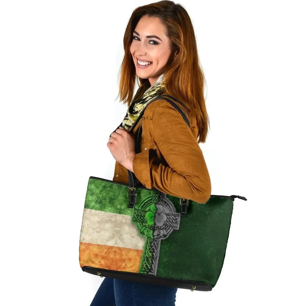 Ireland Celtic Leather Tote Bag Irish Claddagh Cross