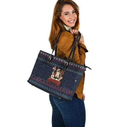 Celtic Ugly Christmas Leather Tote Bag Gangster Santa With Reindeer